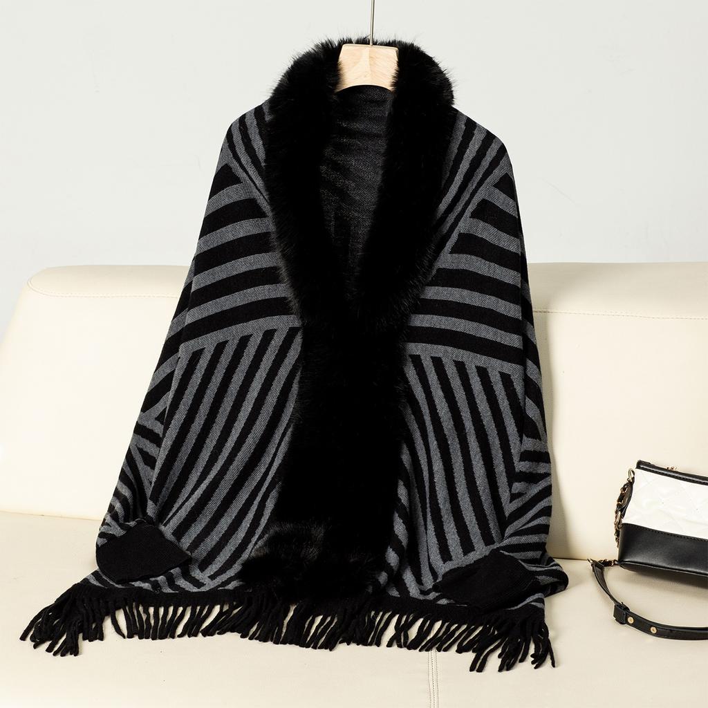 Women's Autumn and Winter Large-size Shawls Fashionable Striped Knitted Wool Collar Cardigan Loose Sweater Cape 5 Colors