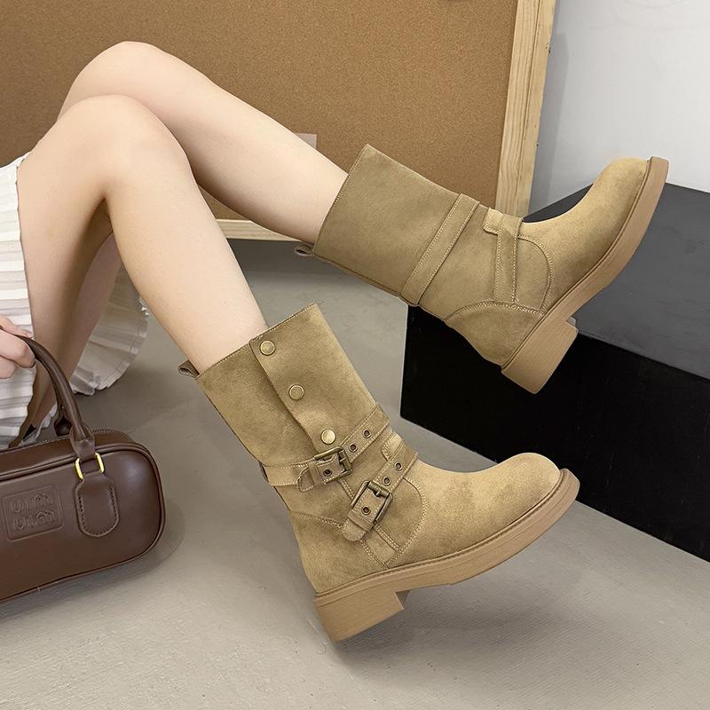 Осень и зима новый европейский и американский ветер корова анти-бархат толстая подошва ботинки-локомотивы круглый носок пряжка ремень заклепки средний каблук короткие ботинки Мар