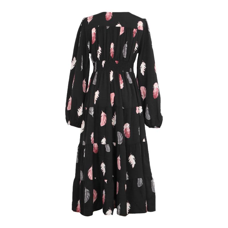 Casual Print Single Breasted Spring Summer Dress Short Sleeve V Neck High Waist Medium Long