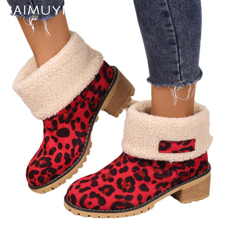 Женские зимние ботильоны с леопардовым мехом, замшевые туфли на среднем каблуке, дизайнерская обувь, короткие плюшевые ботинки из плотного хлопка, тренд 2024 года, зимние ботинки Mujer