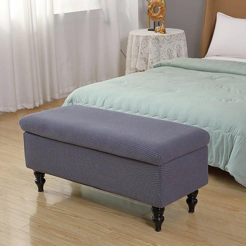 Solid Color Storage Ottoman Covers Rectangle Elastic Bedside Footstool Cover Non-Slip Polar Fleece Footrest Seat Bench Slipcover