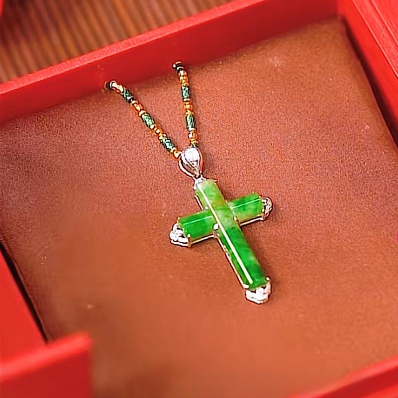 2023 Imitation Jade & Diamond Cross Pendant Necklace, Green Gold-Plated
