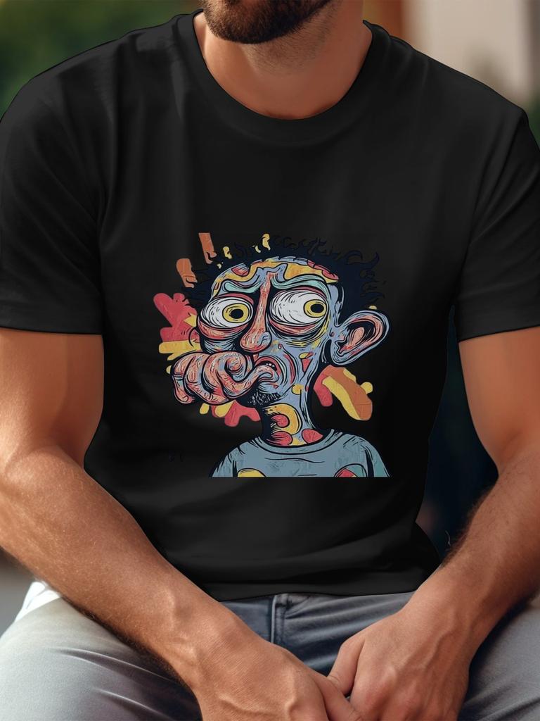 Casual Graphic T-shirt - 180g Cotton Crew Neck Short Sleeve with Vibrant Grotesque Cartoon Graffiti Print