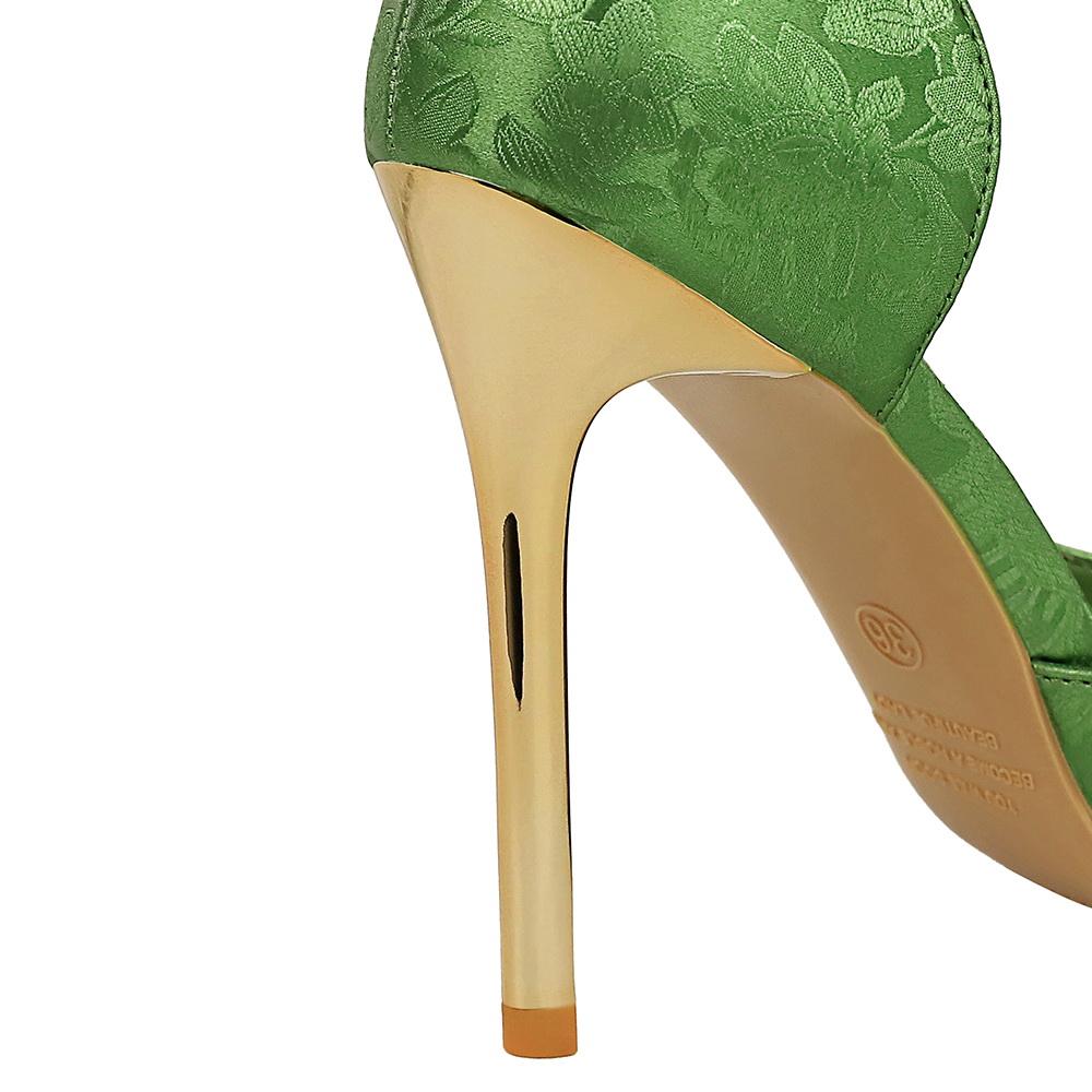 Banquet National Style Women's Shoes High Heels Thin Heel Shallow Mouth Side Hollow Satin Metal Pointed Single Shoes