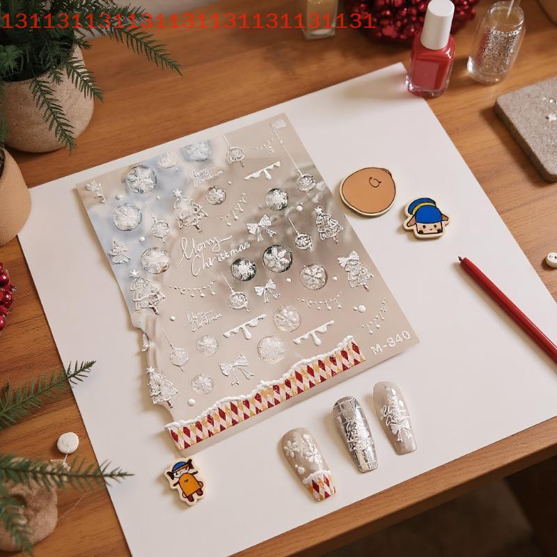 Очаровательные наклейки для ногтей с белым деревом на рождественскую тематику, с тисненым принтом снежинок и красными бантами для праздничных ногтей