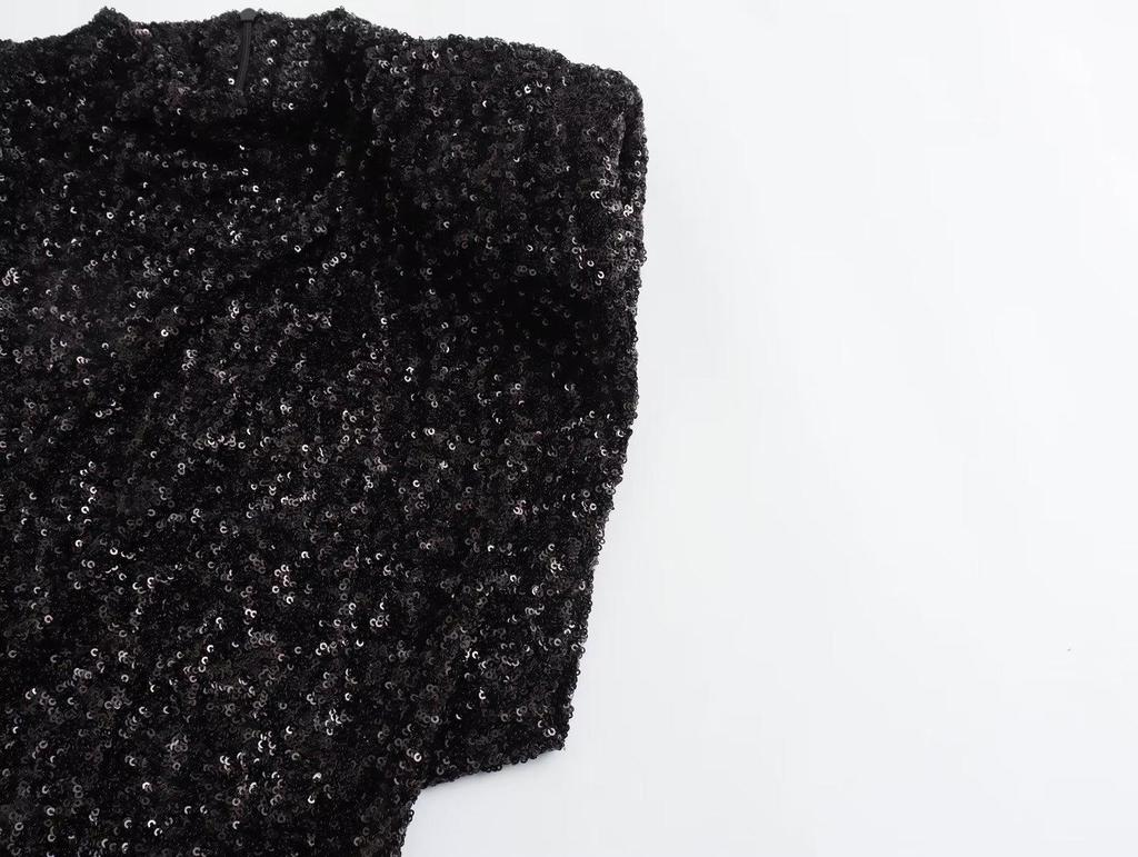 Y2K Winter Black Sequin Mini Dress with Shoulder Pads - Sleeveless Evening Wear