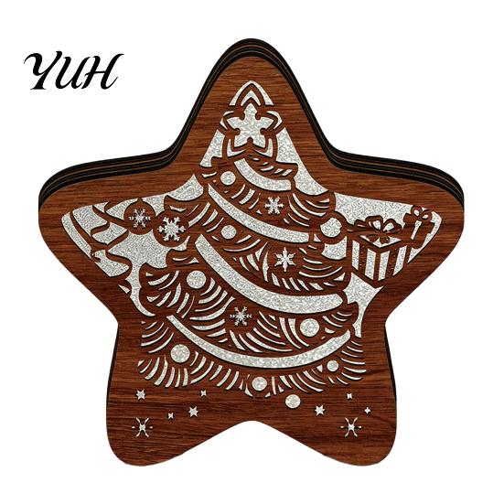Festive Home Decor 3D Wooden LED Christmas Night Light, Hollow Carved Tabletop Seasonal with Warm Glow, Holiday And Office Decoration Light Lamp