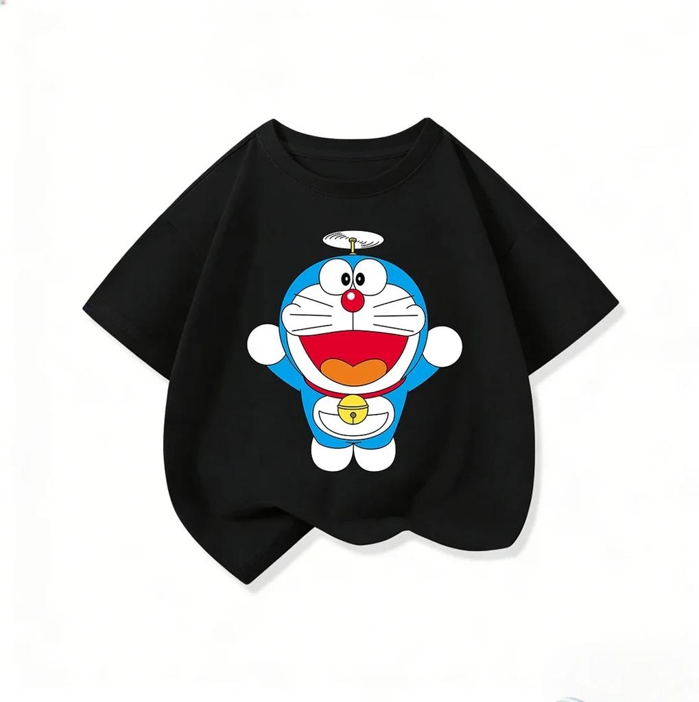 Trendy Kids Short Sleeve Tee Lovely Doraemon Print Crew Neck Fashion Street Style Summer Tops For Kids Age 3 14 Years
