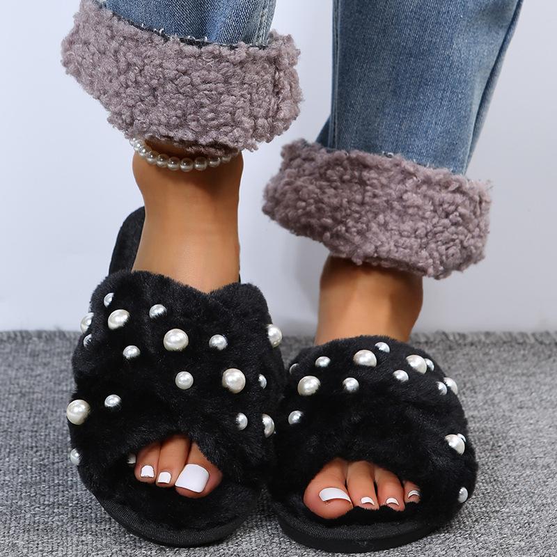 Зимняя мода женские домашние повседневные тапочки женские шлепанцы пушистые туфли крест дизайн слайдеры женские теплые плюшевые тапочки