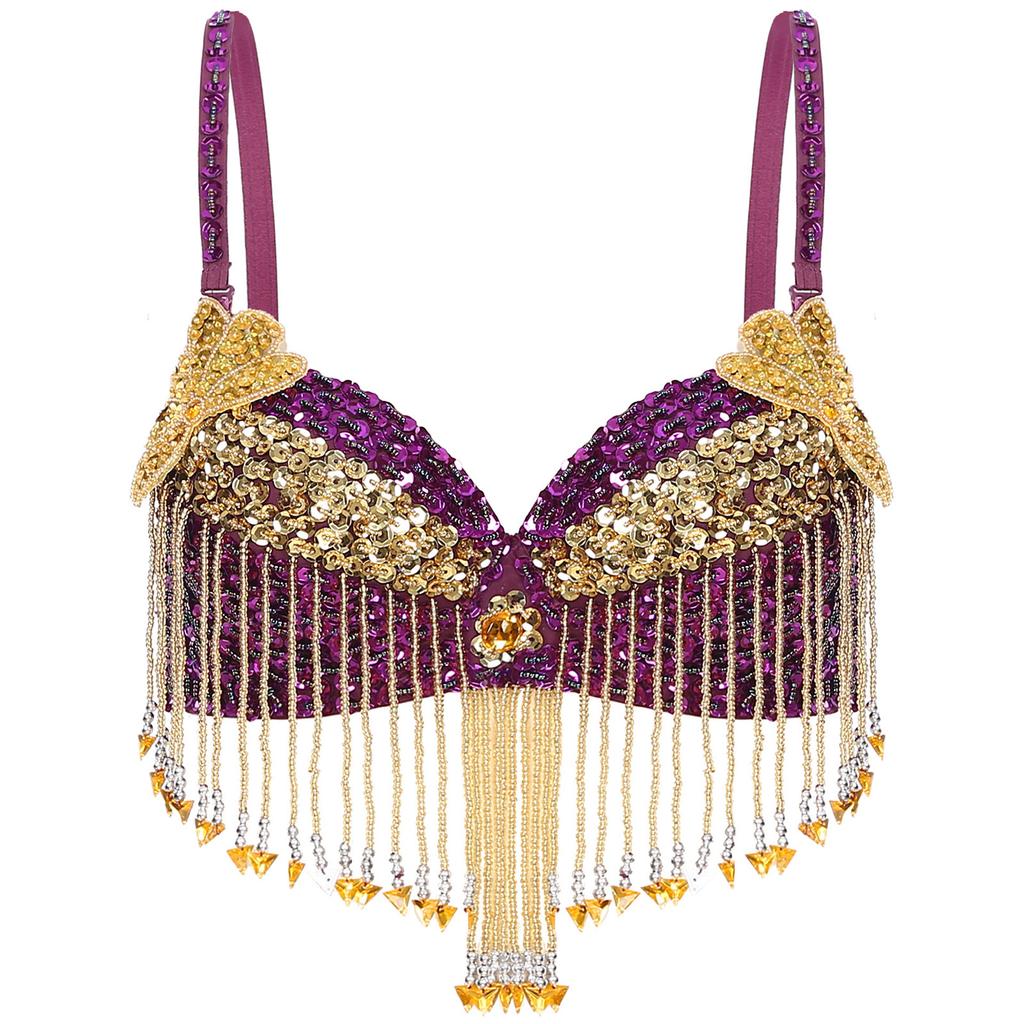 Womens Sparkly Sequins Belly Dance Top Adjustable Straps Plastic Beaded Tassels Underwired Bra