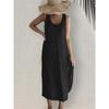 Sleeveless Round Neck Summer Cotton and Linen Casual Loose Dress for Women with Pockets