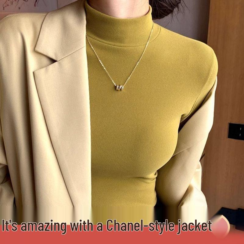 Элегантная женская трикотажная рубашка с полувысоким воротом - Легкая роскошь, с длинными рукавами и тонкая для осени/весны.