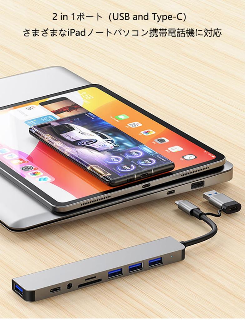 Многопортовый USB-C хаб Zacoora с 1 портом USB, 3 портами USB, кардридером SD/TF, 8-в-2, 3,5 мм + Type-C + 3.0 + 2.0 + &
