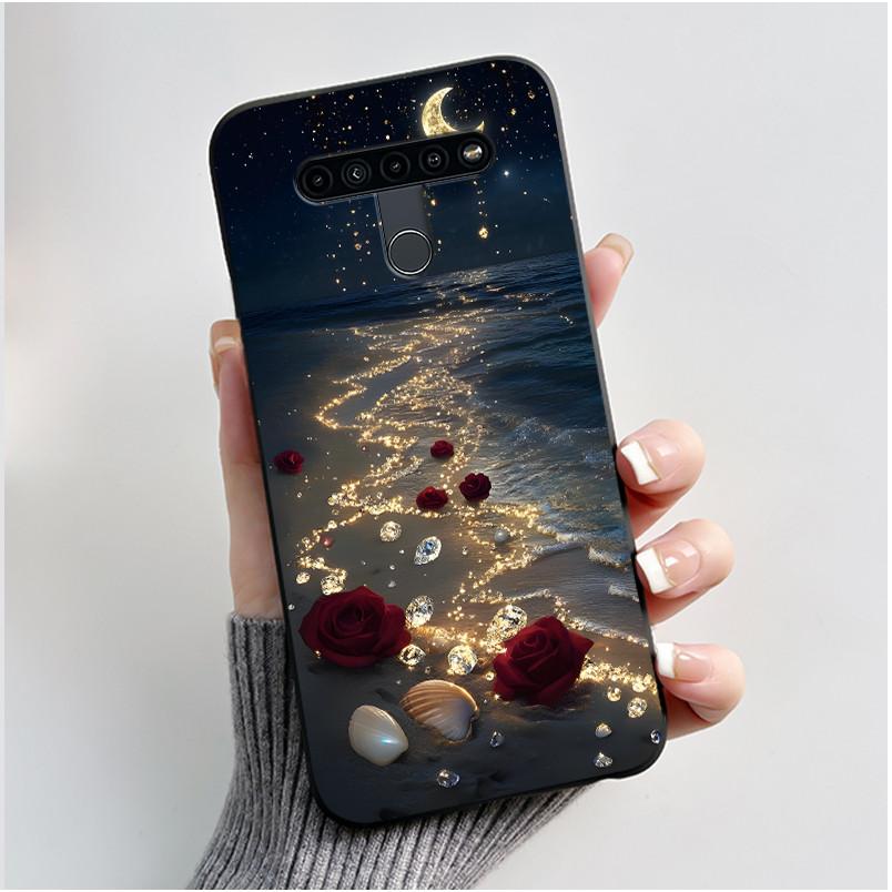 Bumper Silicone Phone Case For LG K41S/K51S Black Case Romantic Scenery Pink Beach Printed Protective Shockproof Soft Cover