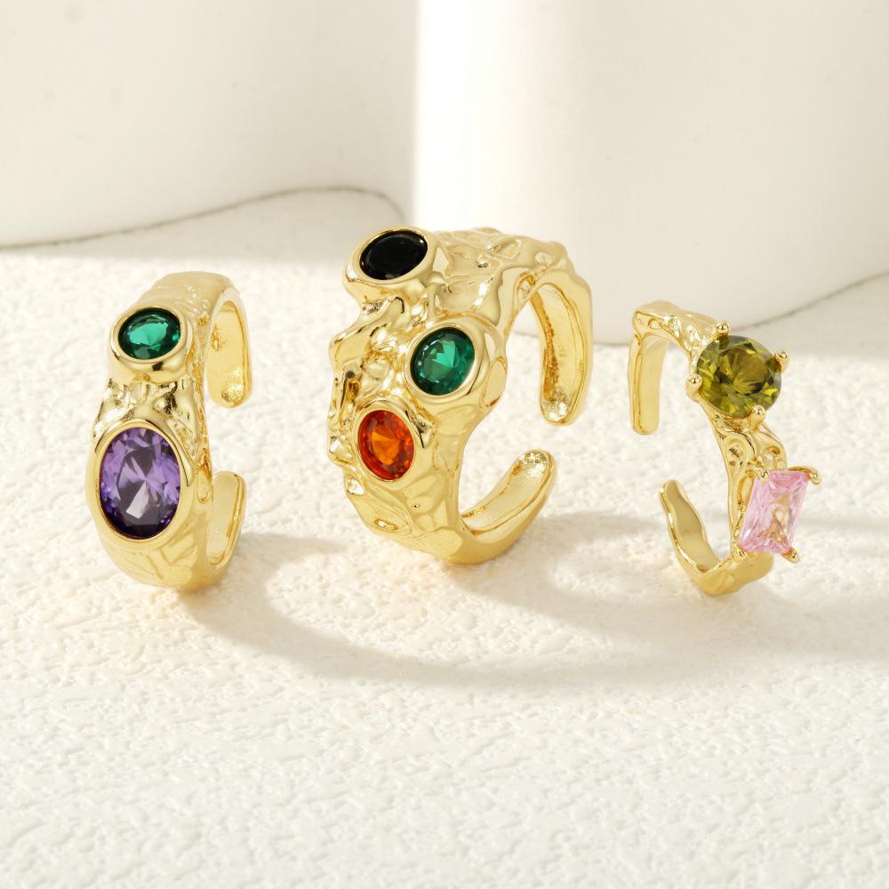 Women's Retro Molten Lava Ring with Colored Diamonds - Exaggerated Design