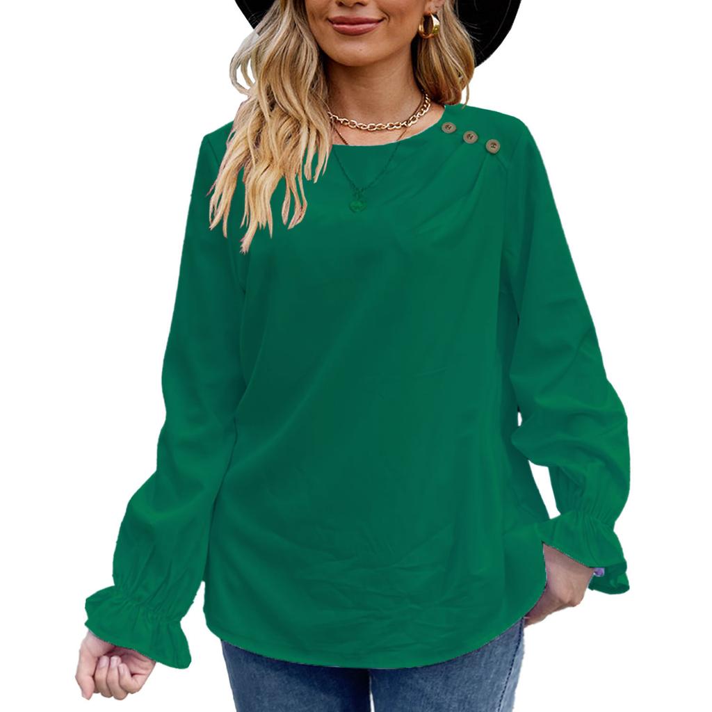 GMXIA Женская осенняя футболка с круглым вырезом и длинными рукавами, однотонная, на пуговицах, свободный женский топ