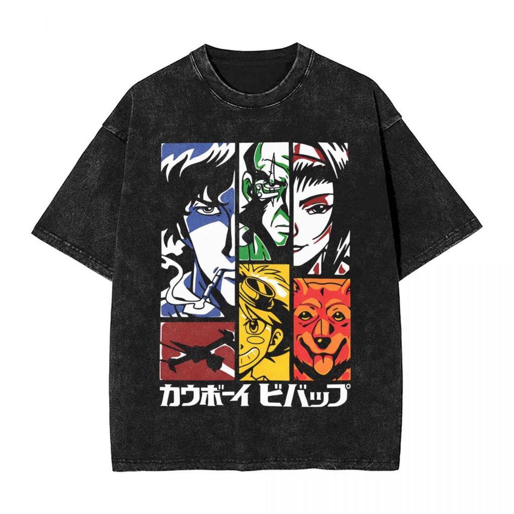 Manga Cowboy Bebop T Shirt Spike Spiegel Graphic Tshirt Washed Oversized TShirt Men Women Clothes Short Sleeve Cotton Tees