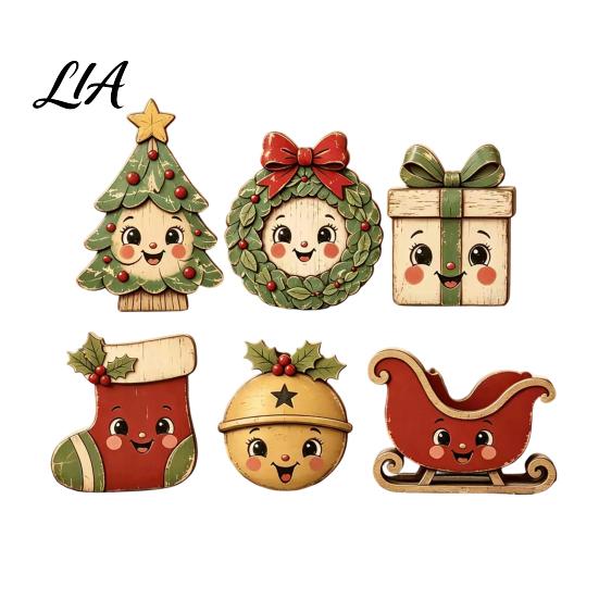 Retro Style Wooden Decorations 6Pcs Christmas Tabletop Signs, Xmas Sign Decor, Santa Indoor Party Supplies Snowman Reindeer Gingerbread House