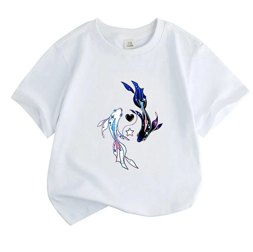 Kids Boys Girls 100% Cotton Crew Neck Short Sleeve T-Shirt, Aesthetic Cosmic Koi Fish Pisces Print Casual Soft Summer Tee for Children