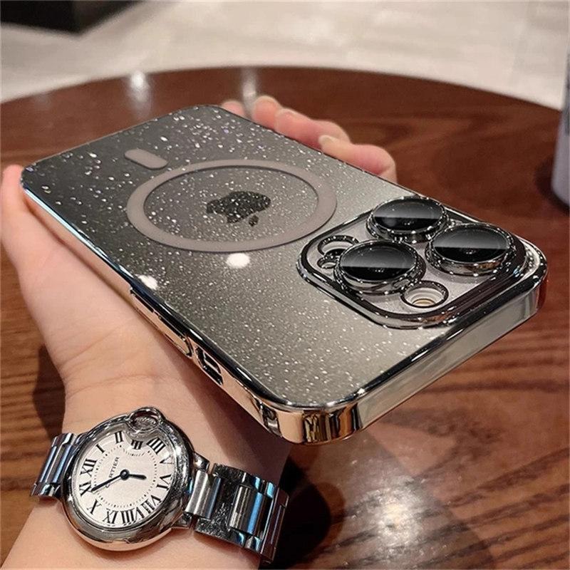 Роскошное покрытие для Magsafe, магнитный чехол с беспроводной зарядкой для iPhone 15 14 Plus 13 12 Pro Max 11, прозрачный блестящий жесткий тонкий чехол из ПК