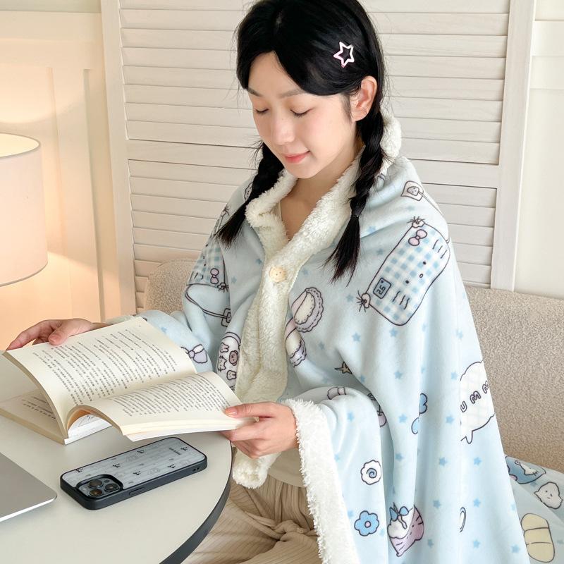 2026 Winter Thickened Milk Fleece Blanket Soft Warm Wearable Shawl Blanket with Buttons Cute Animal Plush Lap Blanket for Office Home Travel