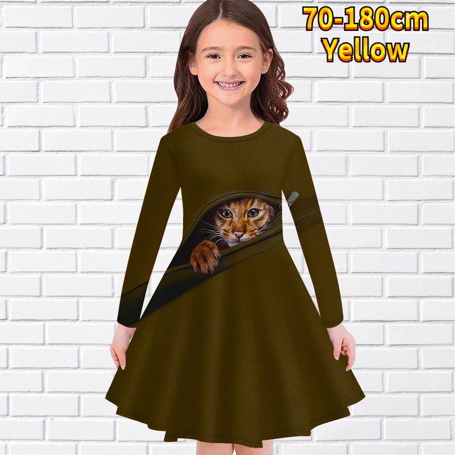 Повседневное платье для девочки на молнии с принтом кота и круглым вырезом, длинными рукавами, детское платье принцессы