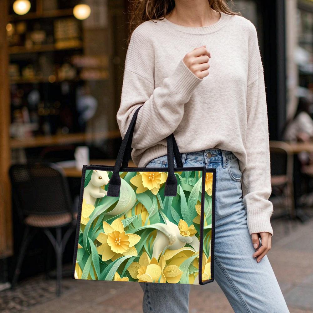 Spring Rabbit Floral Canvas Tote Bag Casual Large Capacity Shoulder Handbag for Daily Use