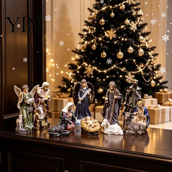 Hand Painted Resin Figures 11 Pcs Christmas Nativity Scene Set, Mini Figurines Tabletop Decor, Jesus Birth Decor Holy Family Angel Shepherd