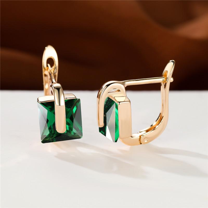 Cute Female Bridal Gold Color Wedding Clip Earrings Luxury Crystal Green Square Stone Jewelry For Women