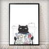 Черный кот читает газету в туалете, постер, холст, картина, простой настенный художественный рисунок в скандинавском стиле для декора ванной комнаты, подарок