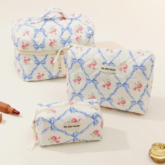 Сумка большой емкости на молнии с принтом розы и бантом, хлопковая стеганая портативная легкая губная помада, коричневый карандаш, кисточка для макияжа