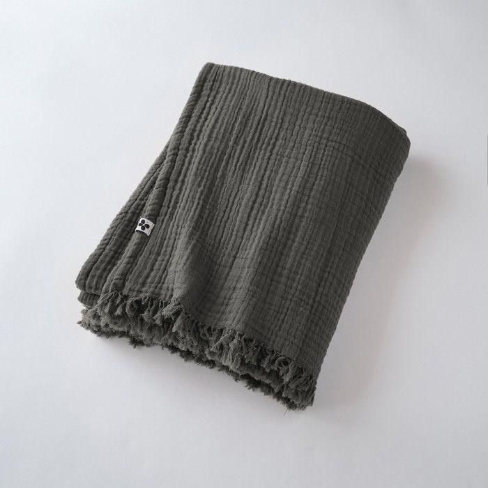 "Gaïa" Fringed Blanket All Sizes "Cotton Gauze" - Gaïa Granit - 130 X 160 Cm