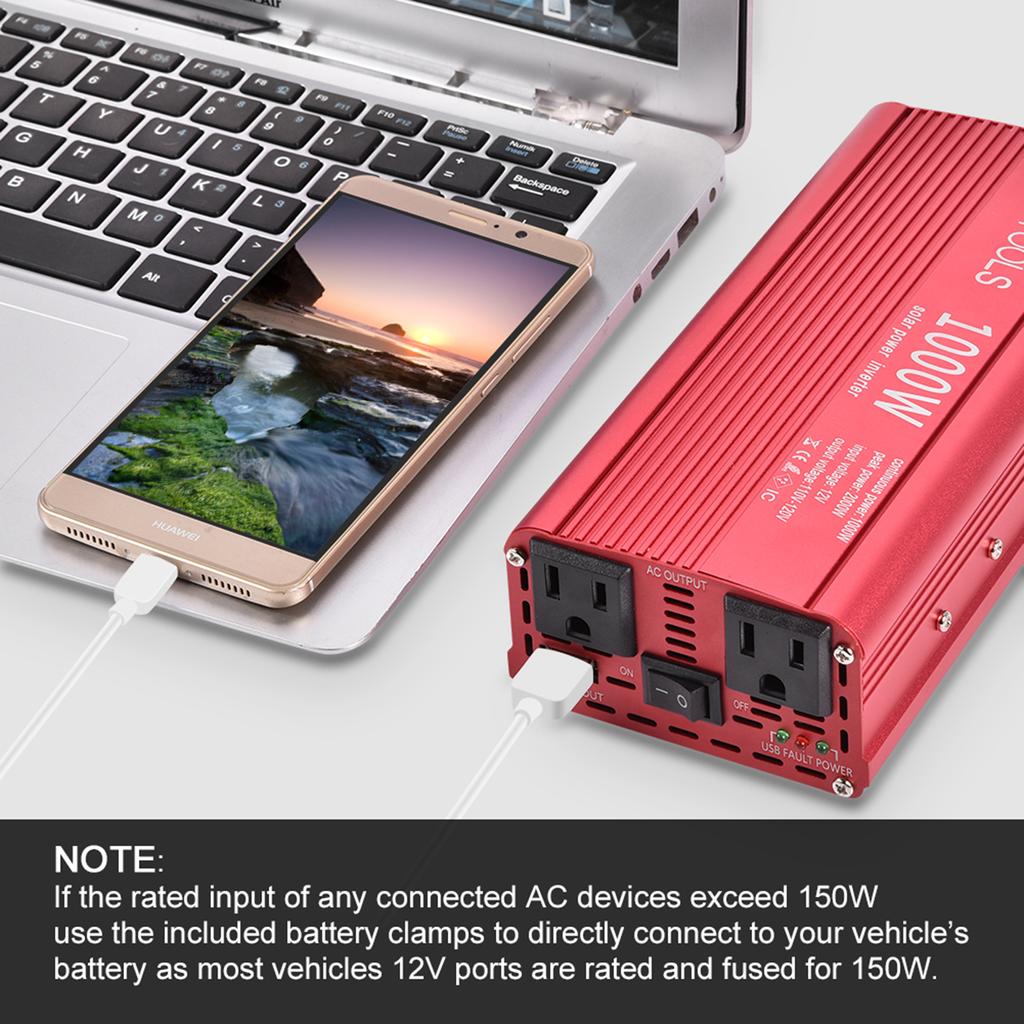 Car Power Inverter EBTOOLS 1000W 2000W Inverter 12V DC To 110V AC Car Converter with 2 AC Out