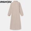 IHUASU Женская мода весна осень однотонный принт с длинным рукавом и высокой талией повседневные платья