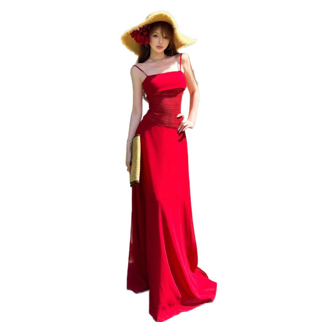 Винтажное красное strapless платье-футляр в гонконгском стиле на тонких бретельках, длинное элегантное облегающее платье, элегантное и утонченное