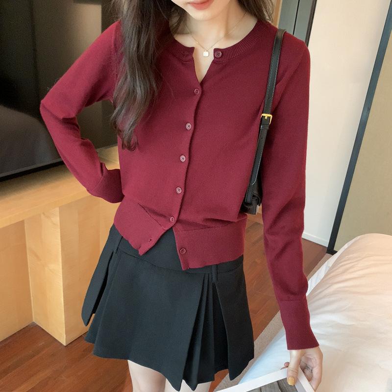 Европейский кардиган с круглым вырезом и правым плечом для женщин, осенне-зимний новый стиль, ленивый короткий рождественский красный свитер, куртка