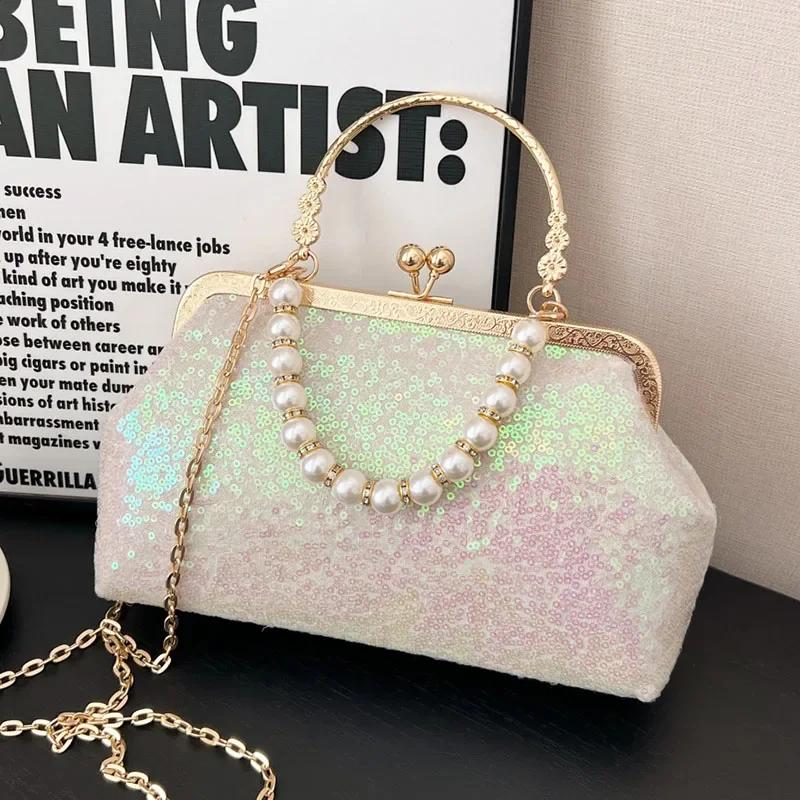 Зажим для жемчужин и пайеток из ракушек для женщин, металлические застежки, сумки-мессенджеры из белого золота, цепочка, кошелек, свадебная вечеринка, роскошь