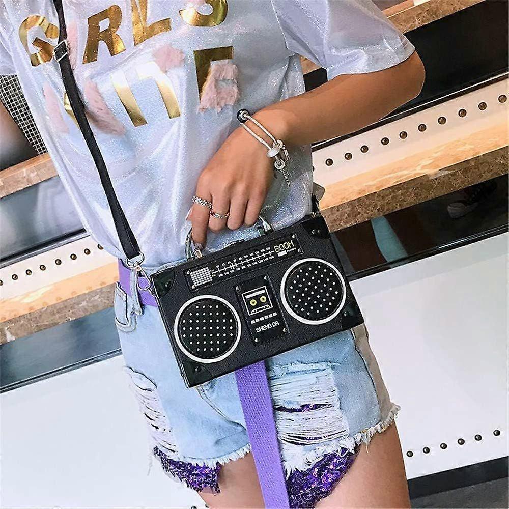 Unique Vintage Radio Shaped Crossbody Bag Women Clip Clasp Shoulder Bag Handbag (Black)