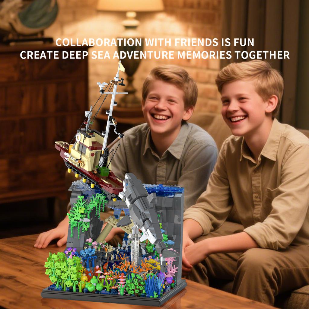2932 шт. Конструктор «Рыболовное судно Большая белая акула», модель океанской сцены, кирпичики, настольные украшения, детская развивающая игрушка «Сделай сам», подарки