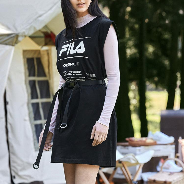 Fila Платье с принтом букв Универсальный дизайн Круглый вырез Средняя талия Без рукавов Женские платья Черный F51W229310F-BK