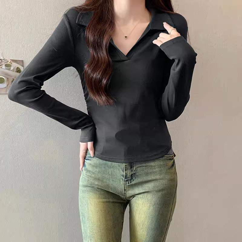 Retro Polo Lapel Long-sleeved T-shirt for Women Early Autumn New Design V-neck Slim Pleated Waist Bottoming Top