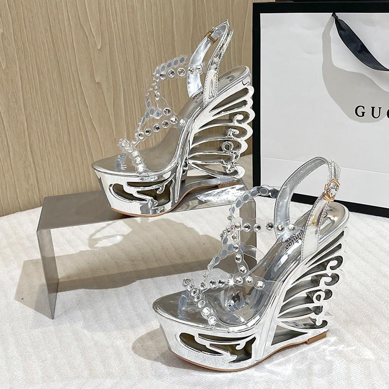 Женская обувь, босоножки на высоком каблуке со стразами, на очень высоком каблуке, на платформе, серия 1076, каблук 15 см, платформа 5 см, LFD