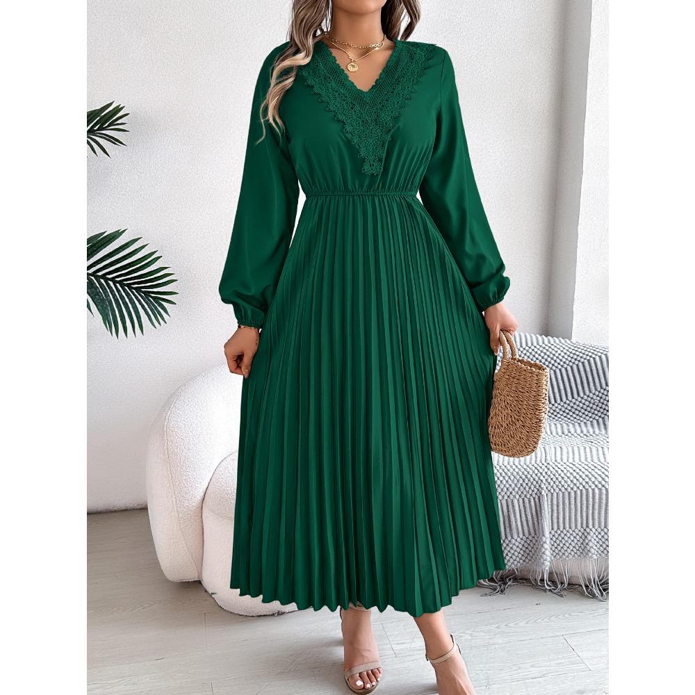Spring and Summer Elegant Temperament V-neck Lace Waisted Pleated Long Women's Dresses Long Skirts
