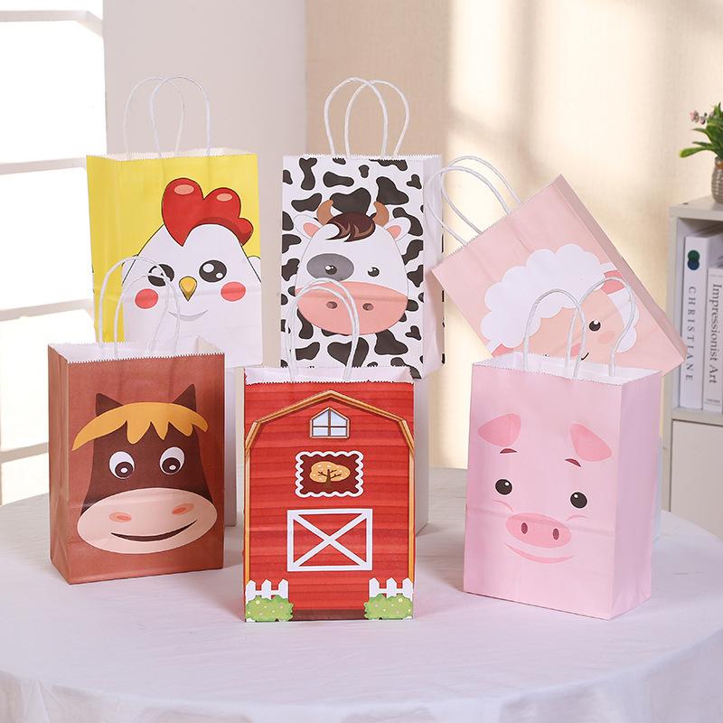 Cartoon Farm Birthday Party Decoration Cute Cow Pig Cake Topper Banner Paper Gift Bags Farm Theme Party DIY Supplies Kids Favors