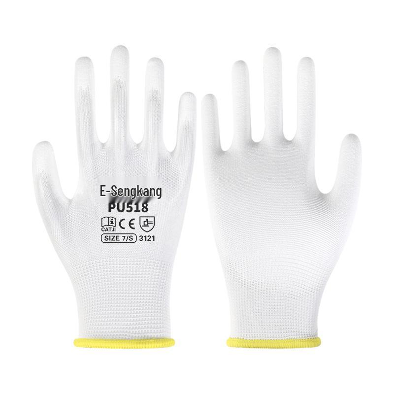 Белые перчатки с полиуретановым покрытием на ладони, антистатические, безворсовые, защита пальцев цветной полосой