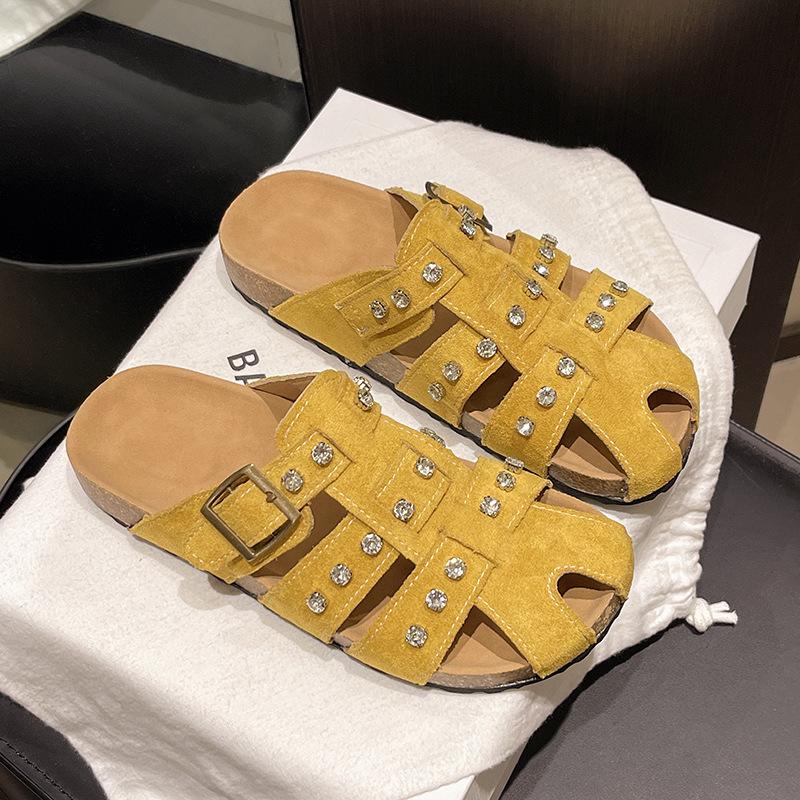 Ретро женские шлепанцы с толстой подошвой и закрытым носком, летние сандалии на плоской подошве с перфорацией, ленивые шлепанцы