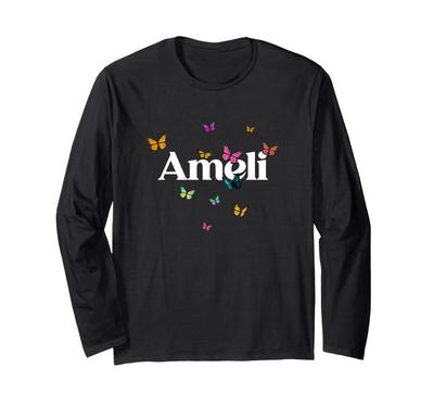 AMELI - Очаровательное женское имя с разноцветными бабочками футболка с длинным рукавом