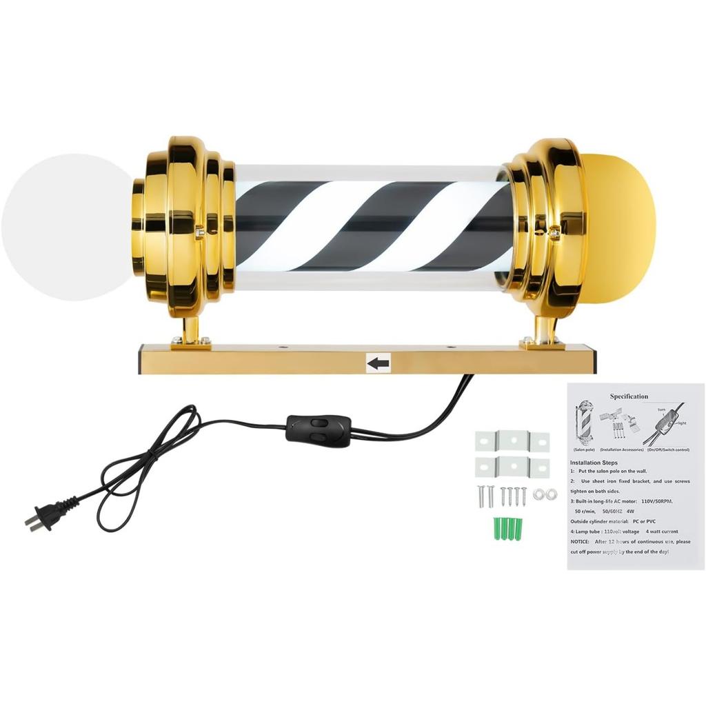 27” Светодиодный столб для парикмахерской, Золотой Черный Белый Вращающийся Знак Открыто для парикмахерской, Водонепроницаемый IP54, Экономия энергии, Настенный