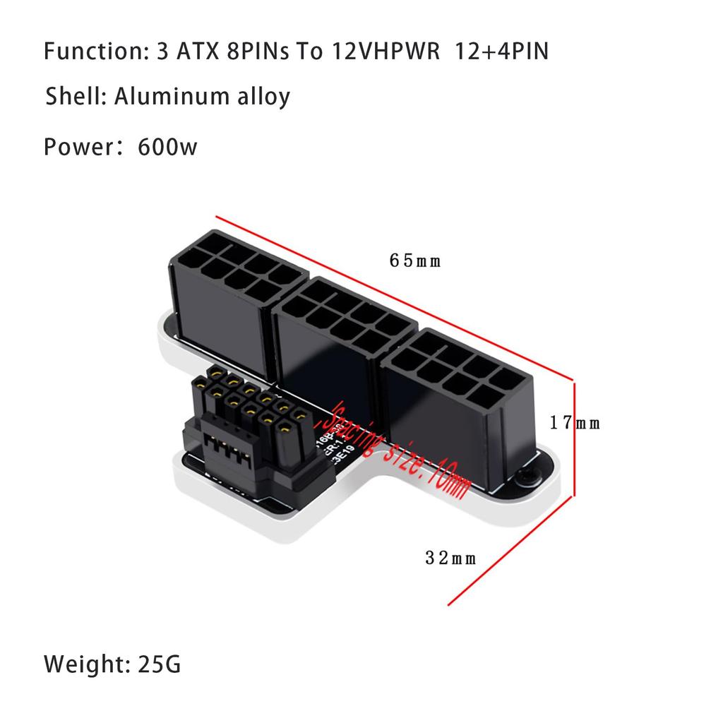 WLGQ ATX 3.0 12VHPWR 16-контактный на 3x 8-контактный PCIe 5.0 Адаптер питания для видеокарты, 600 Вт, 90-градусный, из алюминиевого сплава (Тип BЧерный)