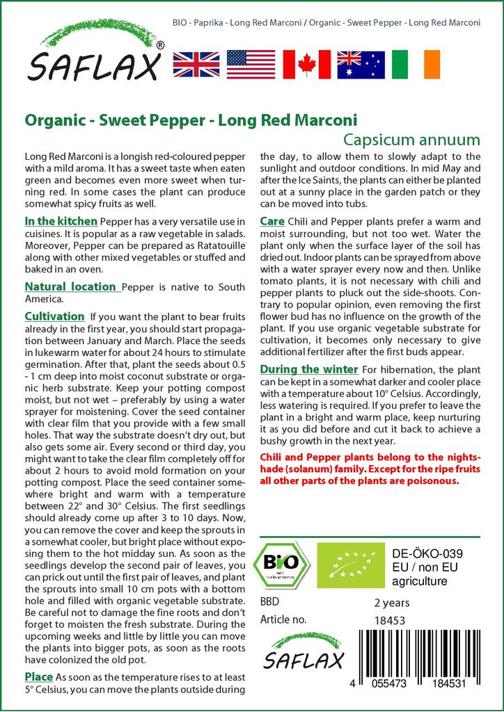 SAFLAX Garden in the Bag - Органический - Перец сладкий - Маркони длинный красный - 20 семян - С субстратом в подходящем пакете-стойке - Capsicum annuum